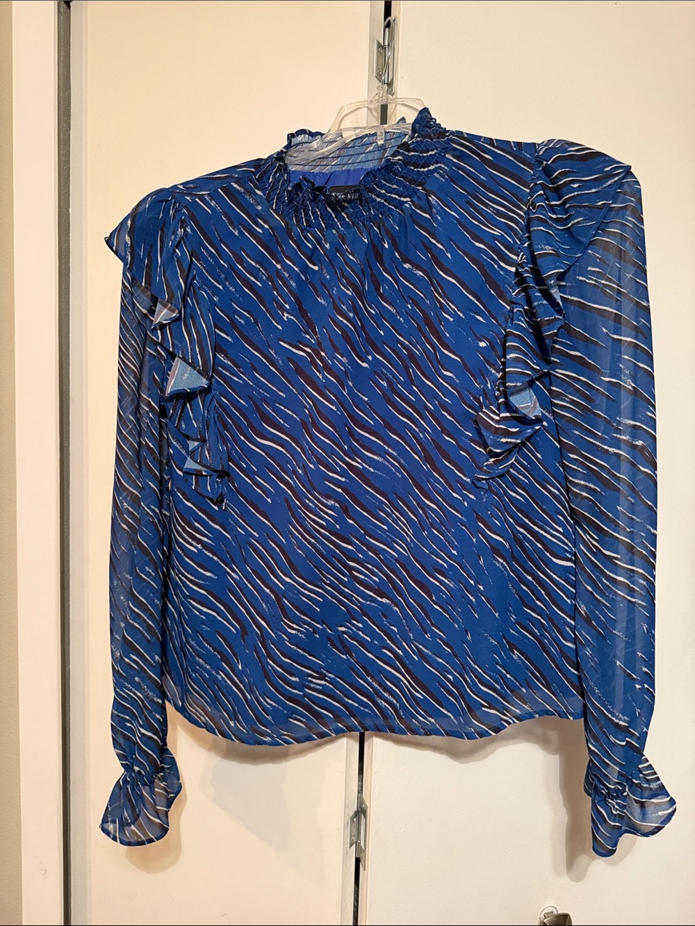 Steve Madden Blue Wave-Print Ruffle Blouse